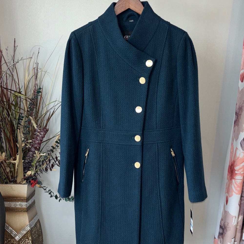 NWT Guess Women's Teal Trench Coat‎ with Gold Accents size XL